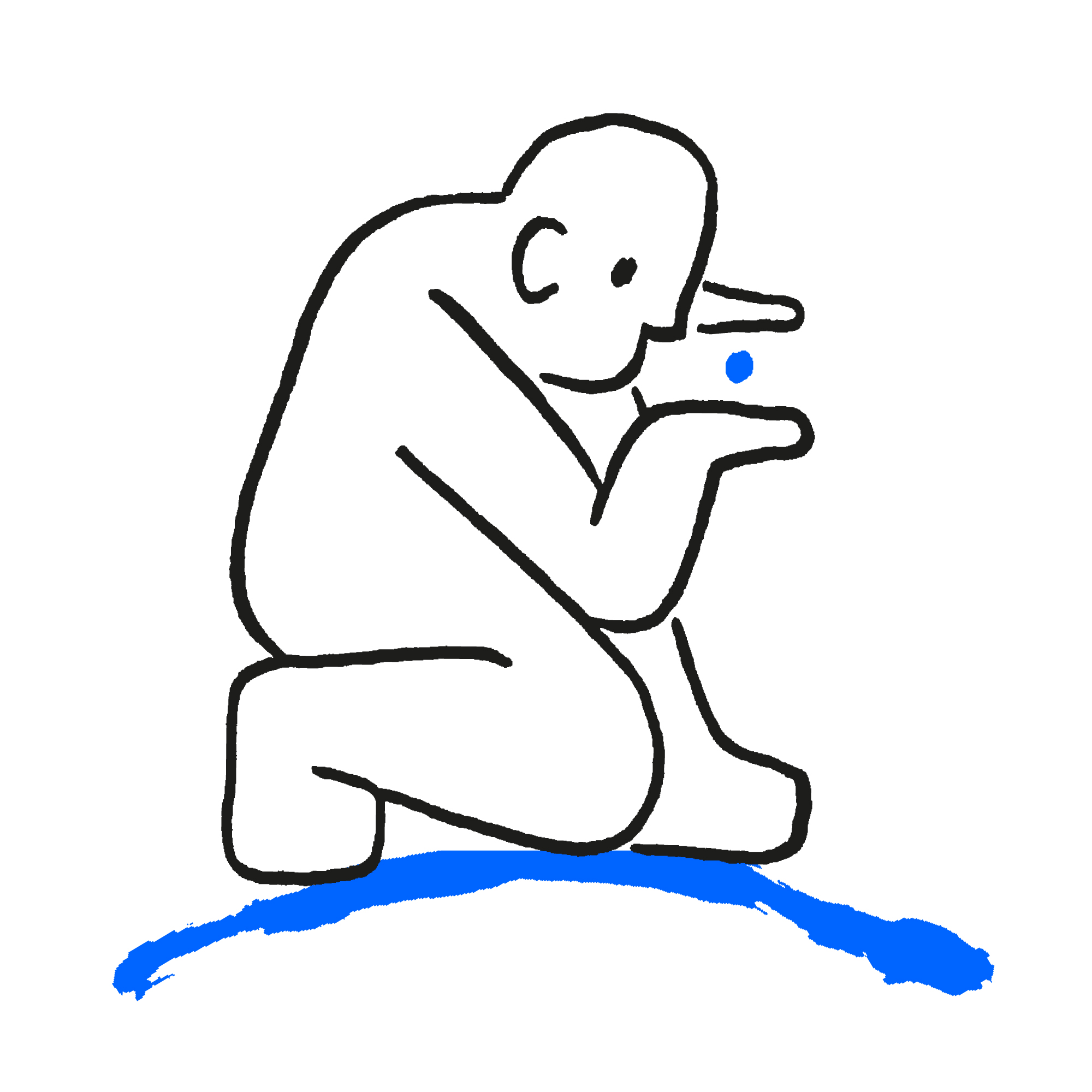 Line drawing of a figure crouching to examine a small point